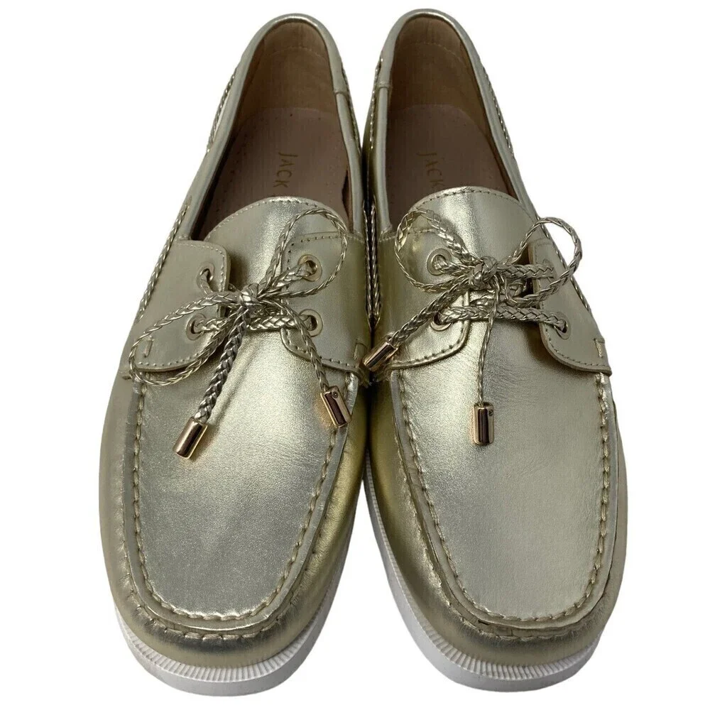 Jack Rogers Women's Size 8.5 Ocean Leather Boat Shoes Gold Slip On Flat Loafer